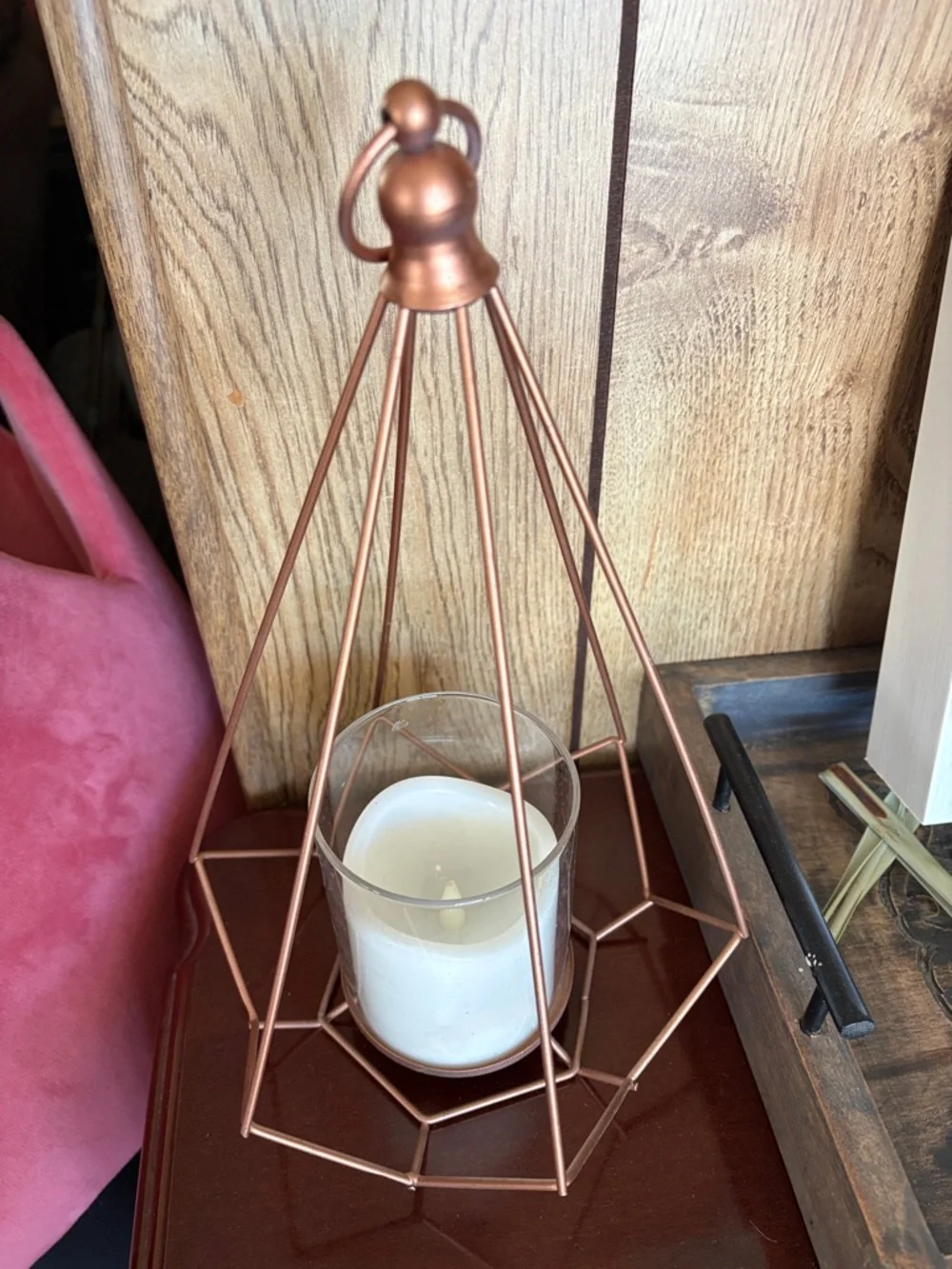 Copper Geometric Metal Lantern with LED Candle - Home Accents